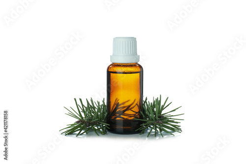 Pine essential oil isolated on white background