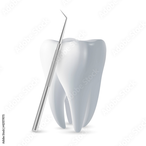 Vector 3d Realistic Tooth and Dental Probe for Teeth Closeup Isolated on White Background. Medical Dentist Tool. Design Template, Clipart, Mockup. Dentistry, Healthcare, Hygiene Concept