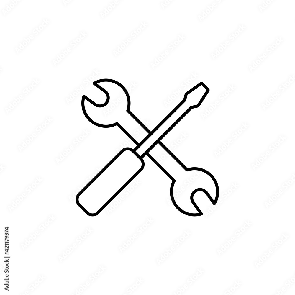 Wrench and screwdriver or tools thin line icon in black. Trendy flat style isolated symbol, can be used for: illustration, minimal, logo, mobile, app, emblem, design, web, site, ui, ux. Vector EPS 10 Wrench and screwdriver or tools thin line icon in black. Trendy flat style isolated symbol, can be used for: illustration, minimal, logo, mobile, app, emblem, design, web, site, ui, ux. Vector EPS 10