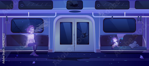 Fototapeta Naklejka Na Ścianę i Meble -  Ghosts in metro creepy abandoned subway tube wagon