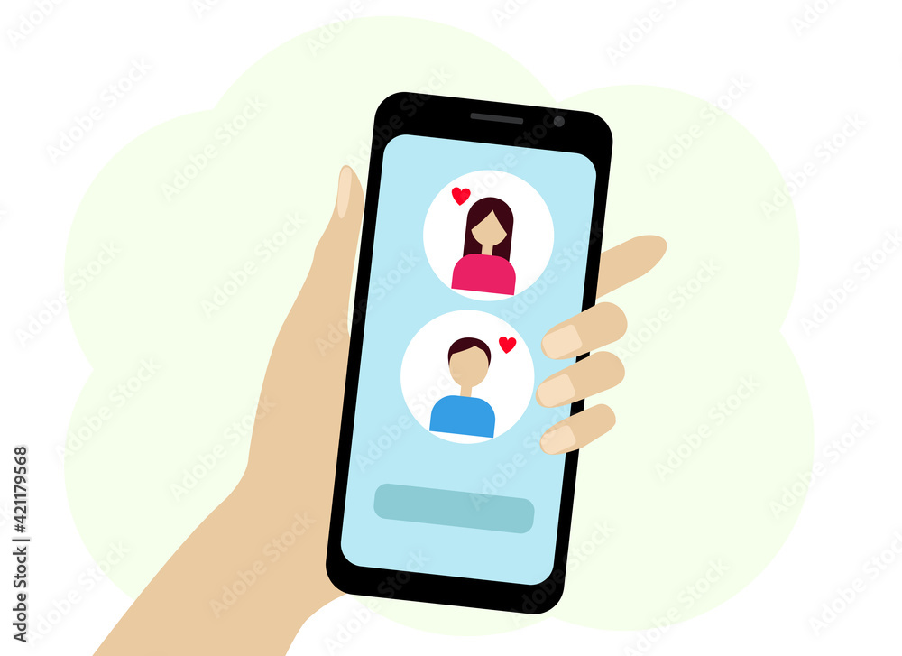 Hand with a mobile phone. There are girl and guy icons on the phone. Chat or online call Hand with a mobile phone. There are girl and guy icons on the phone. Chat or online call