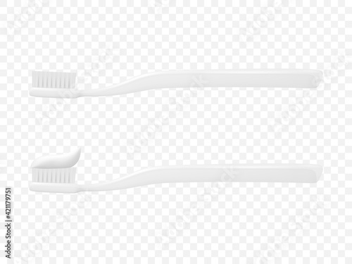 Vector 3d Realistic White Plastic Blank Toothbrush and Tooth Paste Icon Set Isolated on Transparent Background. Design Template, Mockup. Dentistry, Healthcare, Hygiene Concept