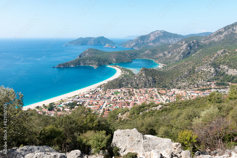 Panoramic aerial view of blue lagoon and sand beach in Oludeniz, Fethiye, Turquoise Coast of southwestern Turkey.