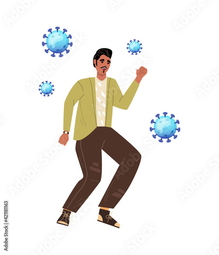 Coronavirus in China. Man flees in fear, fleeing coronavirus virus cartoon