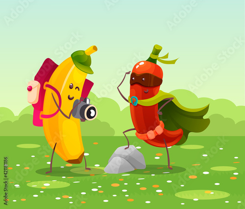 Funny fruits and vegetables cartoon character. Pepper in superhero costume poses for photo. Banana takes pictures of pepper. Cute food characters vector