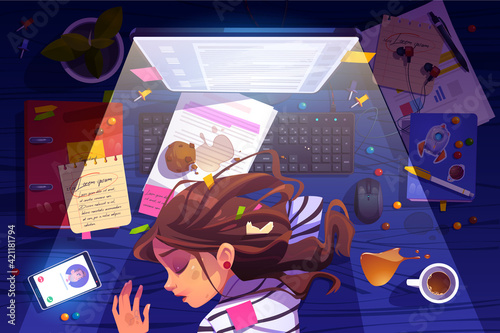 Woman sleep on workplace at night top view burnout