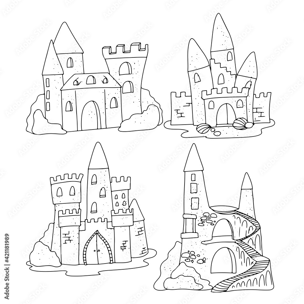 Watercolor illustration of Sand Castle decorated with little red flag. Sign  of fun, joy, childhood, relaxation. Hand painted water color sketchy drawing,  cut out clipart element for design decoration. Stock Illustration |