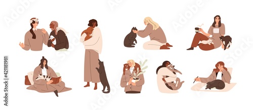 Set of women with cute cats. Female pet owners with animals at home. Scenes with happy people and funny adorable kitties. Colored flat vector illustration isolated on white background