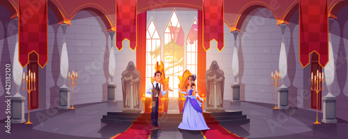 Prince and princess in throne room at castle hall