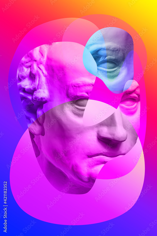 Collage with plaster antique sculpture of human face in a pop art style. Modern creative concept image with ancient statue head. Zine culture. Contemporary art poster. Funky minimalism. Retro design.