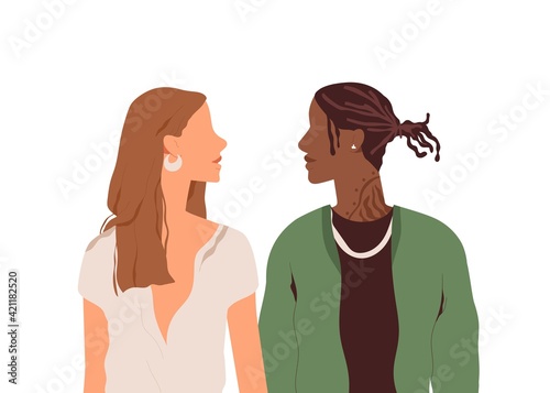 Profile portrait of multiracial couple of young man and woman. Multiethnic love partners standing face to face. Colored flat vector illustration of modern people isolated on white background