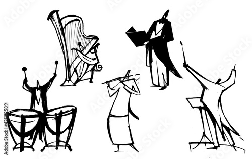 Pen illustration of musicians performing, conductor, and soloist
