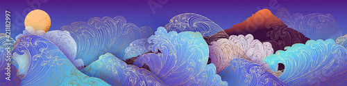 Line art design of waves, mountain, modern hand-drawn vector background, gold ink pattern. Minimalist Asian style.