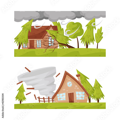 Destructive Weather Condition and Natural Cataclysm with Windstorm and Tornado Vector Set