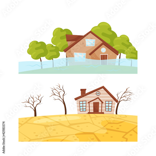 Destructive Weather Condition and Natural Cataclysm with Flood and Drought Vector Set