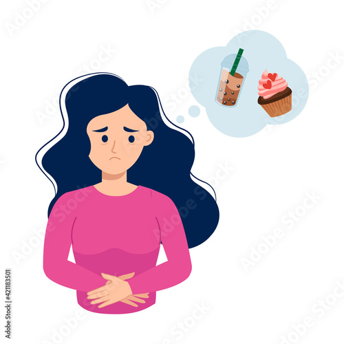 Woman hold her stomach because she feel hungry and craving for sweets. Flat vector cartoon design photo