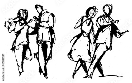 Swing dancing, 2 couples with movement and in a dynamic attitude