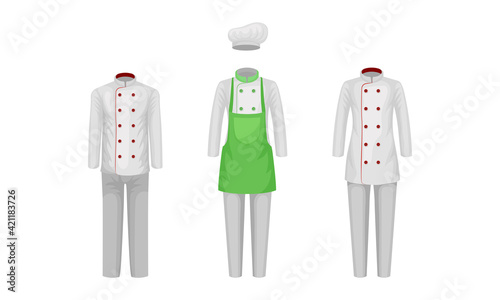 Workwear or Professional Staff Clothing with Restaurant Chef Outfit Front View Vector Set