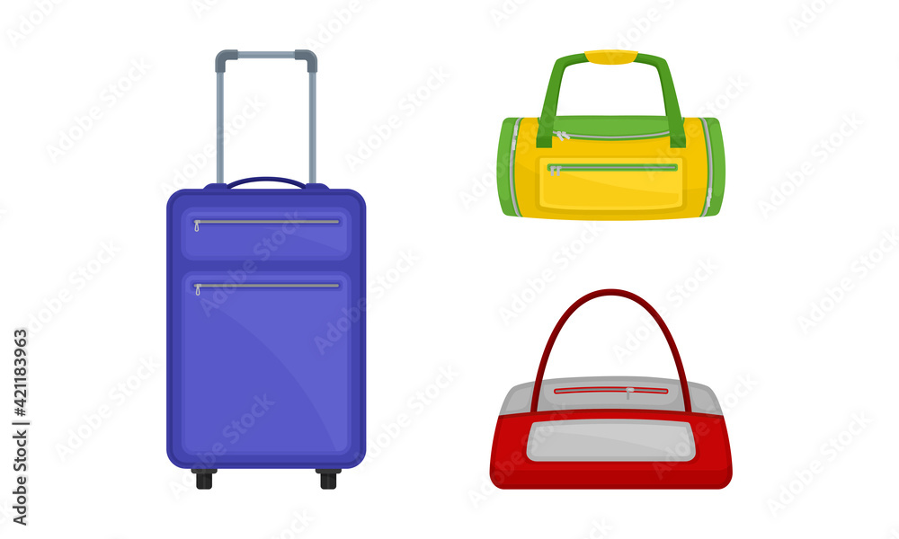 Wheeled Baggage and Hand Luggage or Carry-on Bag with Handle Vector Set Wheeled Baggage and Hand Luggage or Carry-on Bag with Handle Vector Set