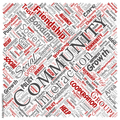 Vector conceptual community, social, connection square red word cloud isolated background. Collage of group, teamwork, diversity, friendship, communication, inclusion, care, respect concept