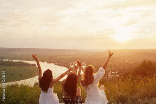 Back view of company of young female friends having fun, drink wine, and enjoy hill landscape and sunset at summer picnic.