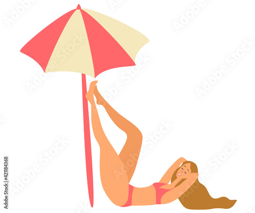 Beautiful smiling tanned girl lie lifting legs up under striped umbrella. Summer time vector illustration. Beach concept design. Vector illustration in flat style Isolated on white background.