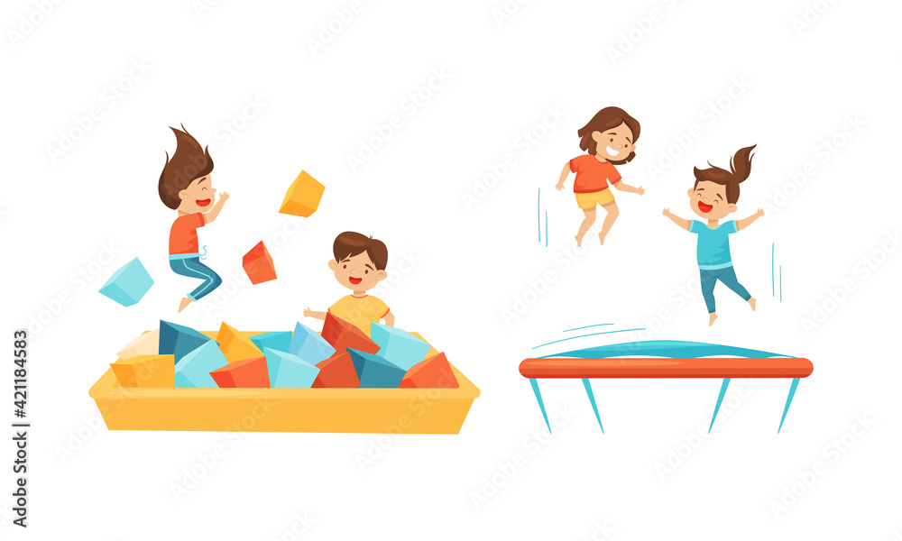 Excited Children Jumping on Trampoline Bouncing and Playing with Soft Cubes Vector Set