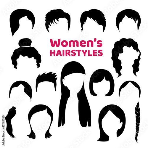 Black hair silhouettes collection of fashionable haircuts or hairstyles for girls, isolated on white background. Fashion vector illustration