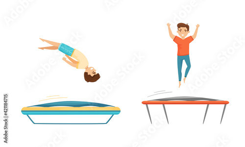 Excited Boys Jumping on Trampoline Bouncing and Having Fun Vector Set