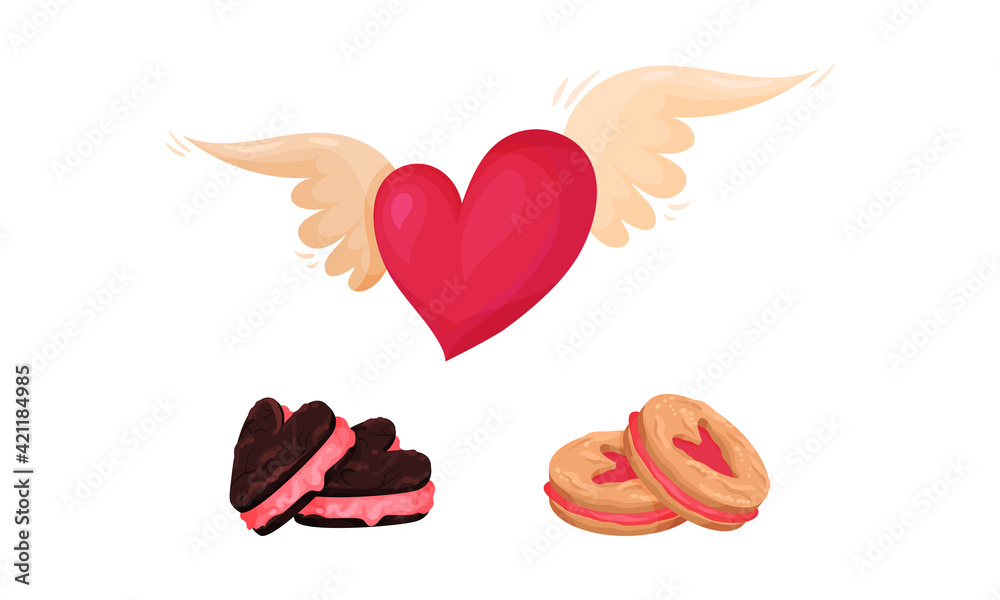 Saint Valentine Day Festive Attributes and Symbols with Winged Heart and Sweet Cookie Vector Set