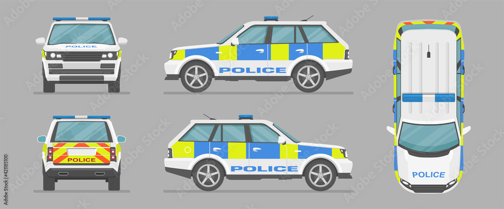 English police car. Cartoon flat illustration, auto for graphic and web  design. Vector SUV car from different sides. Side view, front view, back  view, top view. Stock Vector | Adobe Stock