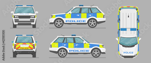 English police car. Cartoon flat illustration, auto for graphic and web design. Vector SUV car from different sides. Side view, front view, back view, top view. 
