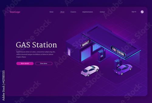 Gas station isometric landing page, cars refueling
