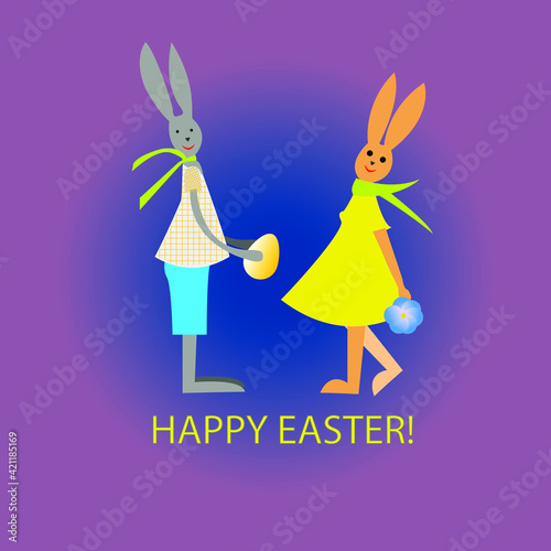 Happy Easter greeting card. Bunny boy in a yellow shirt and turquoise shorts gives the bunny girl a beautiful gilded Easter egg.