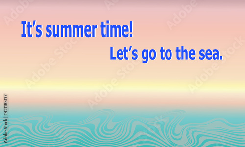 Abstract sea scape background. Light green ocean, yellow and orange sky with abstract wavy sand pattern, summer time letters, copy space. Vector illustration.