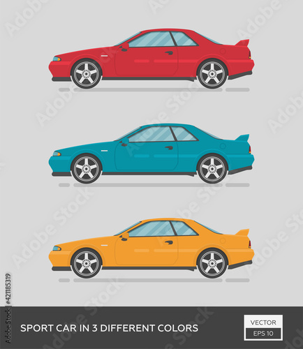 Fototapeta Naklejka Na Ścianę i Meble -  Urban vehicle. Sport car in 3 different colors. Cartoon flat illustration, auto for graphic and web design.