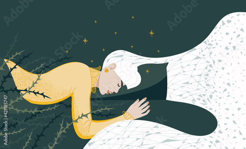 The young woman does not sleep well, is restless. Bad dreams, night pain. Flat vector illustration