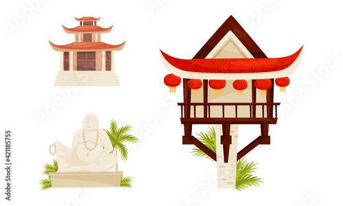 Fototapeta Naklejka Na Ścianę i Meble -  Vietnam Country Landmarks with Pagoda and Buddha Statue Vector Set