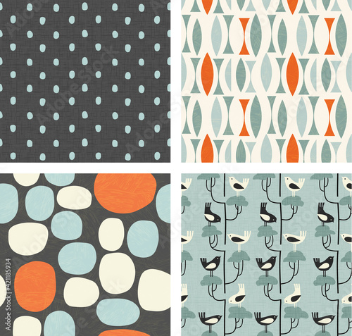 Coordinating set of trendy retro spring patterns with birds, abstract shapes, dots and stripes. For fabric, decor, backgrounds.
