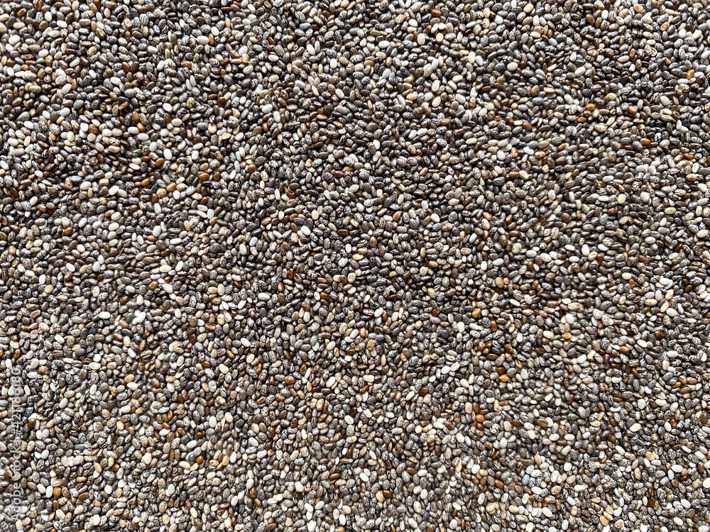Chia seeds background texture close up. A source of protein, vitamins A, E and omegas in vegan diets. Chia seeds background texture close up. A source of protein, vitamins A, E and omegas in vegan diets.