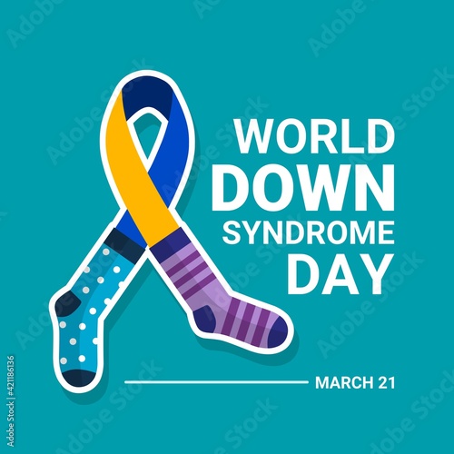 World Down Syndrome Day, with blue and yellow ribbons and colorful socks, as a poster, banner or template, vector illustration.
