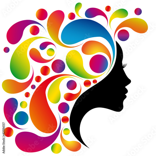 Beautiful woman profile silhouette with paint splash hair, vector young female face design, beauty girl head with styled inspiration hair, fashion lady graphic portrait.