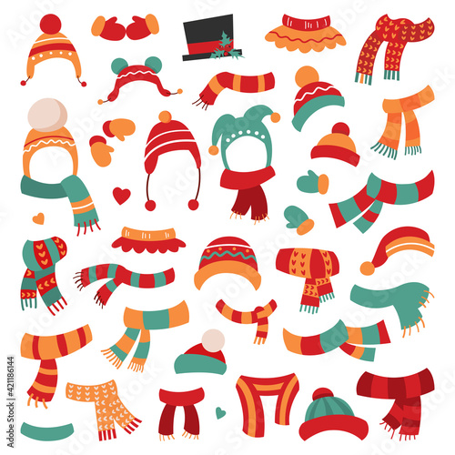Hats and Scarves A collection of funny hats and scarves. EPS 10 vector grouped for easy editing