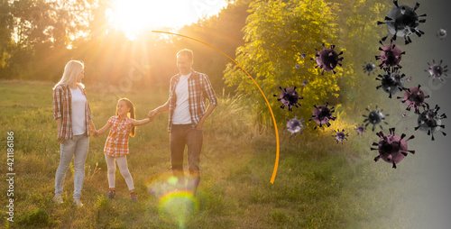 Fototapeta Naklejka Na Ścianę i Meble -  Strong immunity - healthy family. Happy parents with children protected from viruses and bacteria, illustration