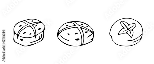 Set of Hot cross Bun with Chocolate Chip for Easter. Simple cartoon line art. Isolated vector illustration.
