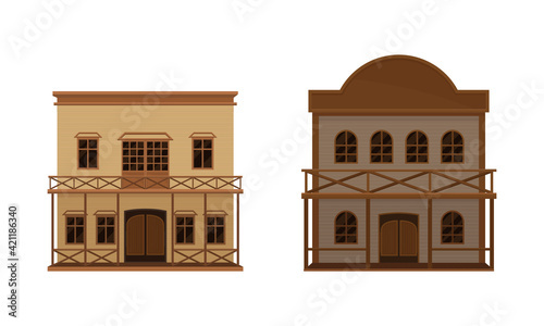 Western Two-storey Saloon or Bar Having Batwing Doors Vector Set