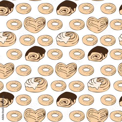Vector seamless pattern Sweet pastries and pastries such as roll with chocolate, buns, cinnamon, bagel.