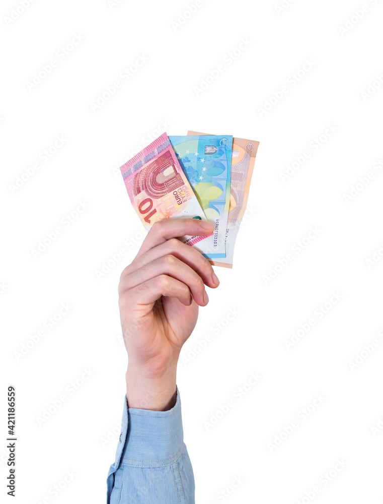 Man's arm raised holding money. Consumer concept. Isolate on white background. Man's arm raised holding money. Consumer concept. Isolate on white background.