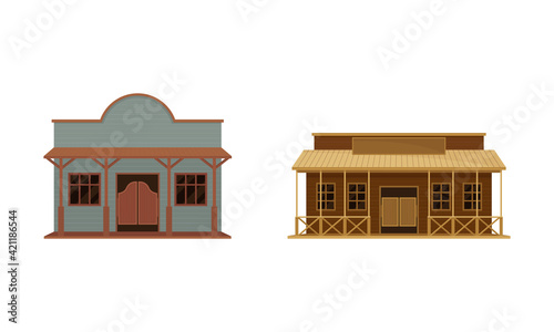 Western Two-storey Saloon or Bar Having Batwing Doors Vector Set