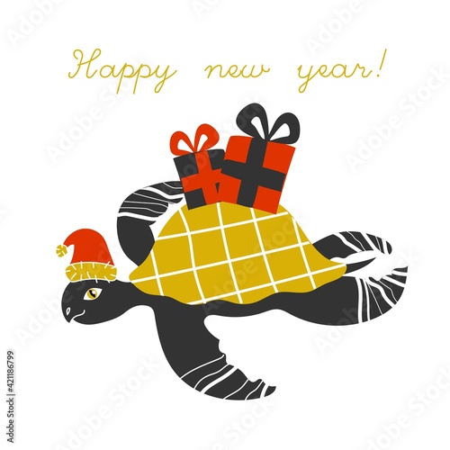 Sea life set with turtle. Cartoon funny style. Vector illustration. New year, Christmas celebration, presents, gifts. Santa hat. 